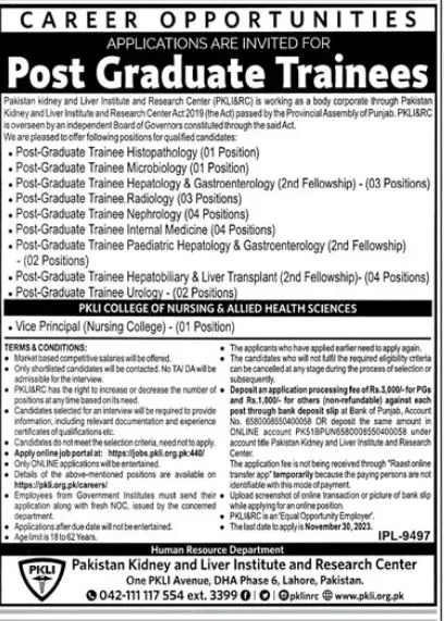 Pakistan Kidney And Liver Institute & Research Centre Jobs – Pakistan Kidney And Liver Institute (PKLI) And Research Centre Lahore Jobs 2023 — original advertisement