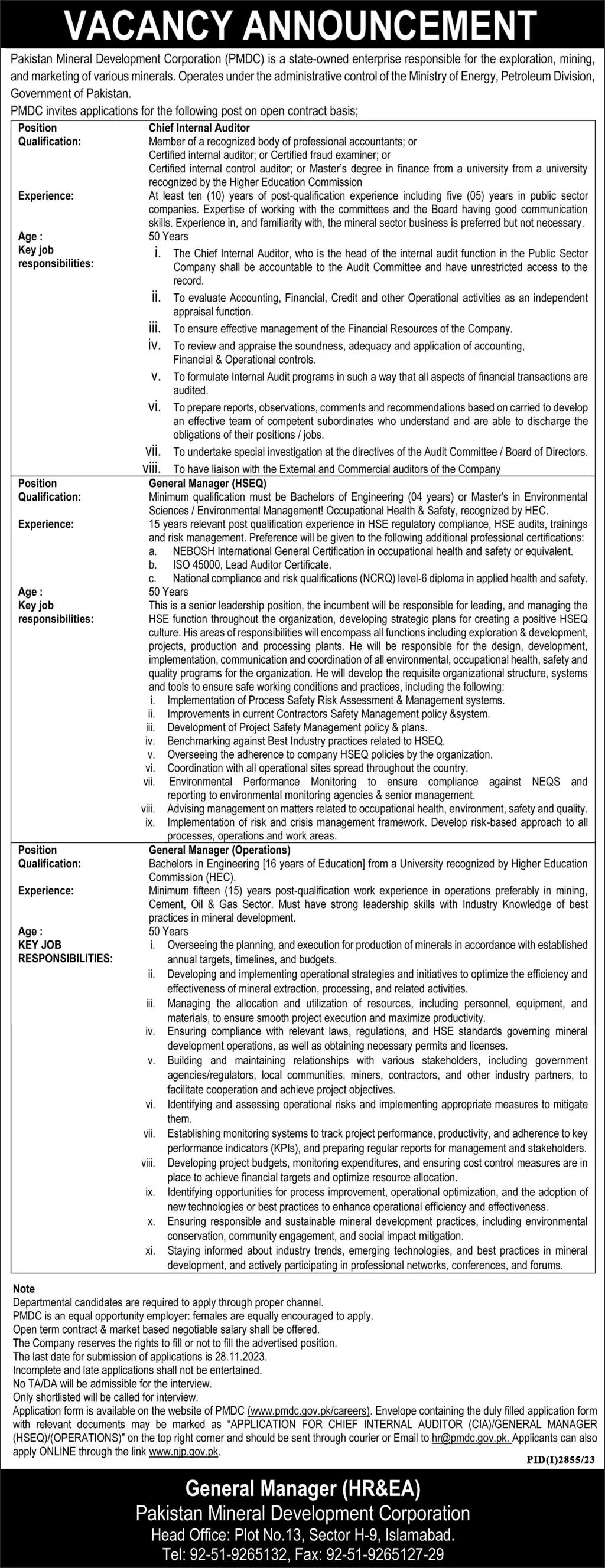 Pakistan Mineral Development Corporation Ltd Islamabad Jobs Jobs 2023 — original advertisement