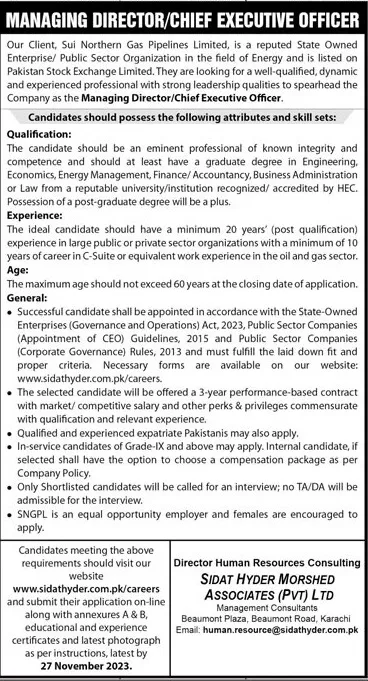 Sui Northern Gas Pipelines Limited Lahore Jobs 2023 – Sui Southern Gas Company Limited Jobs 2023 — original advertisement