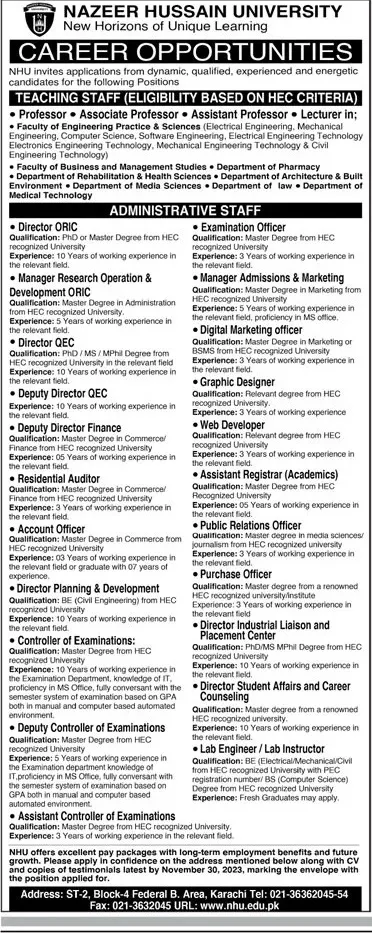 Nazeer Hussain University Karachi Jobs 2023 Admissions 2023 — original advertisement