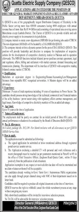 Quetta Electric Supply Company QESCO Quetta Jobs 2023 Jobs 2023 — original advertisement