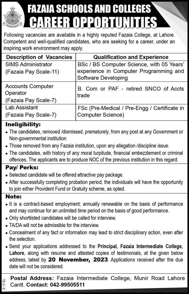 Fazaia Schools and Colleges Lahore Jobs 2023 – Fazaia Schools & Colleges Jobs 2023 — original advertisement
