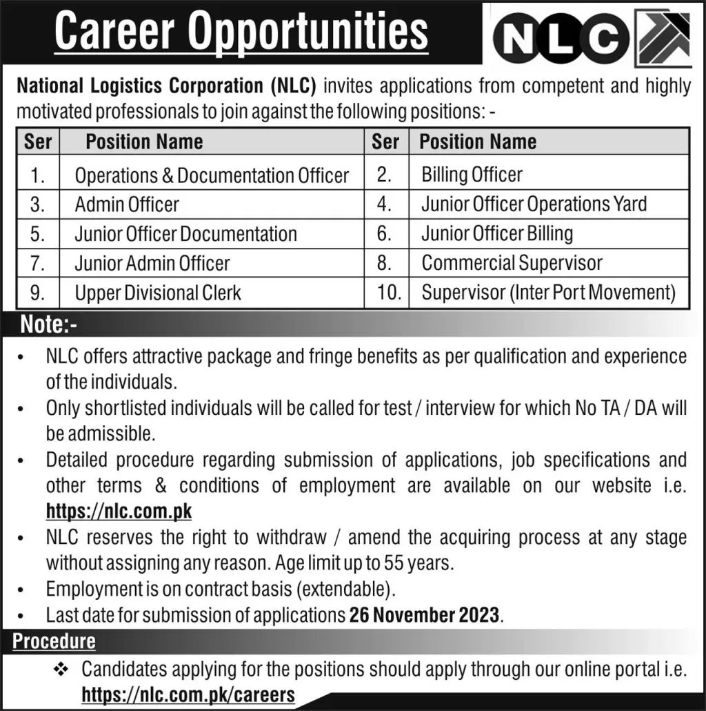National Logistics Corporation NLC Karachi Jobs 2023 – National Logistic Cell Rawalpindi Jobs 2023 — original advertisement