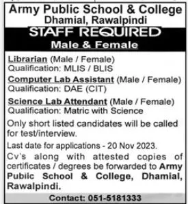 Army Public School and College Dhamial Rawalpindi Jobs 2023 – Army Public School & College Paksitan Jobs 2023 — original advertisement