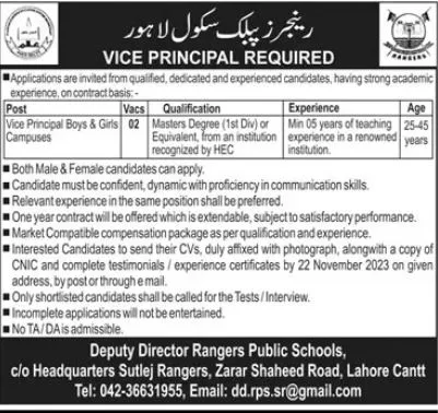 Rangers Public School Lahore Jobs 2023 – Rangers Public School Bahawalpur Jobs 2023 — original advertisement