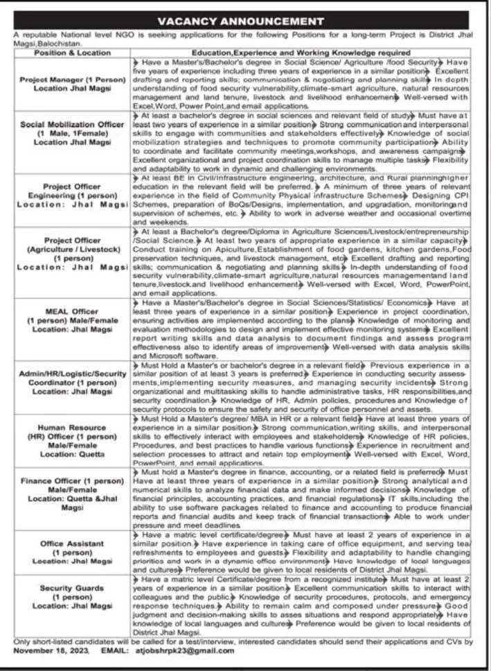 Reputable National Level Ngo District Jhal Magsi Jobs 2023 – Public Sector Organization Jobs 2023 — original advertisement