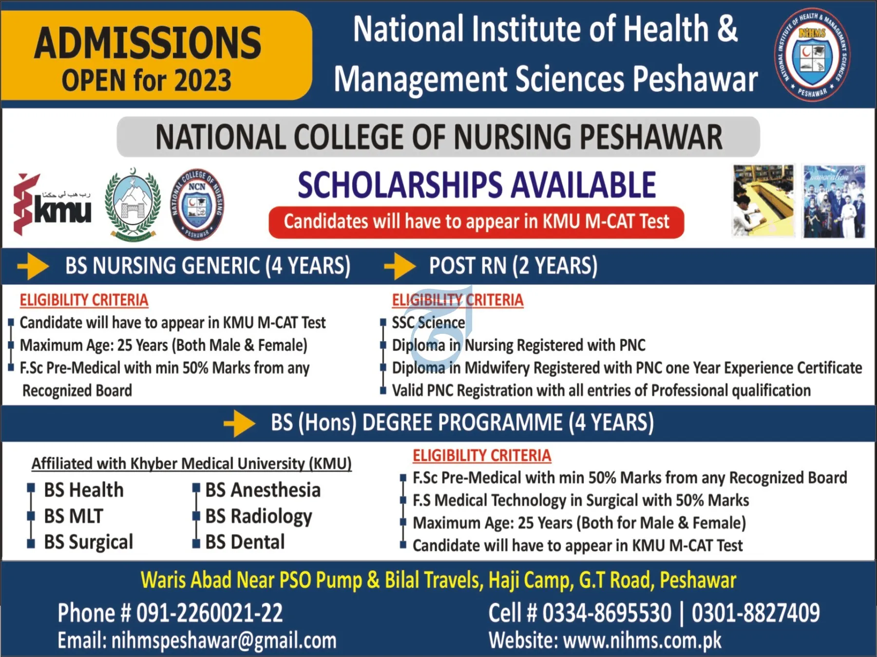 National Institute of Health Sciences Peshawar Admissions – National Institute of Health and Management Sciences Admissions 2023 — original advertisement