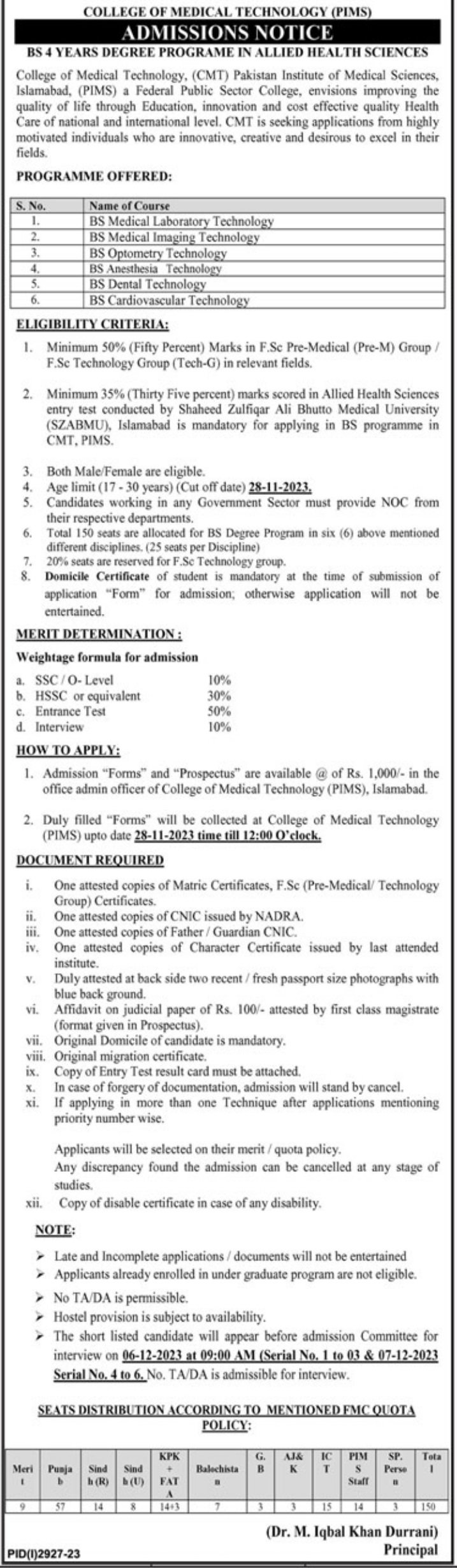 College of Medical Technology Pims Islamabad Admissions – Pakistan Institute of Medical Sciences PIMS Islamabad Admissions 2023 — original advertisement