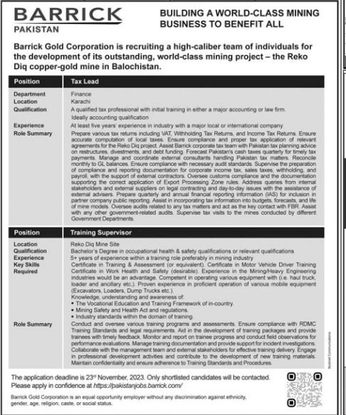 Barrick Pakistan Balochistan Jobs 2023 Jobs 2023 — original advertisement