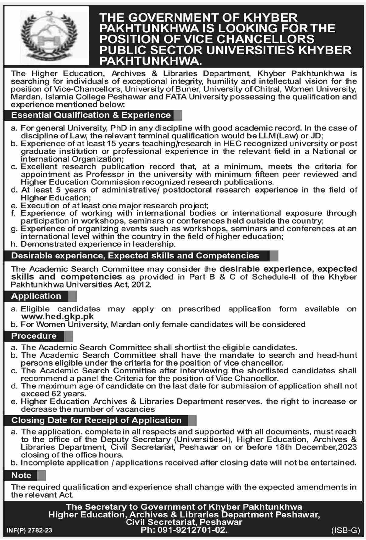 Higher Education Archives & Libraries Department Jobs – Higher Education Department KPK Jobs 2023 — original advertisement
