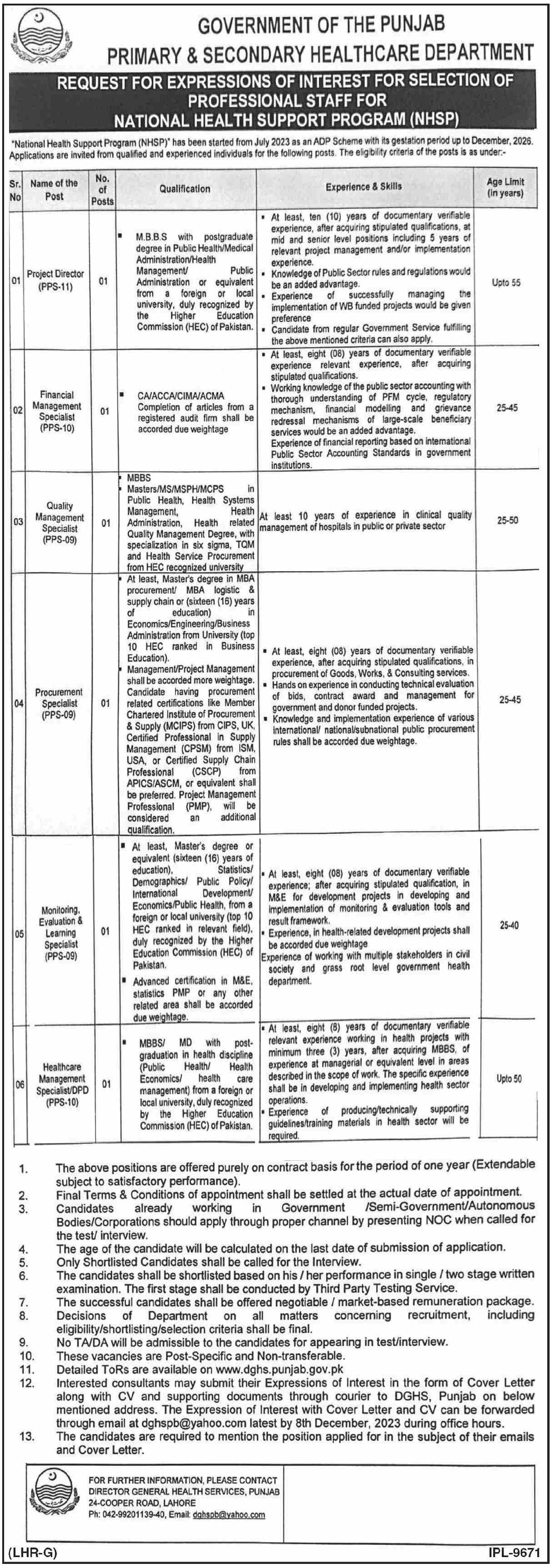 Primary & Secondary Healthcare Department Lahore Jobs 2023 – Health Department Punjab Jobs 2023 — original advertisement