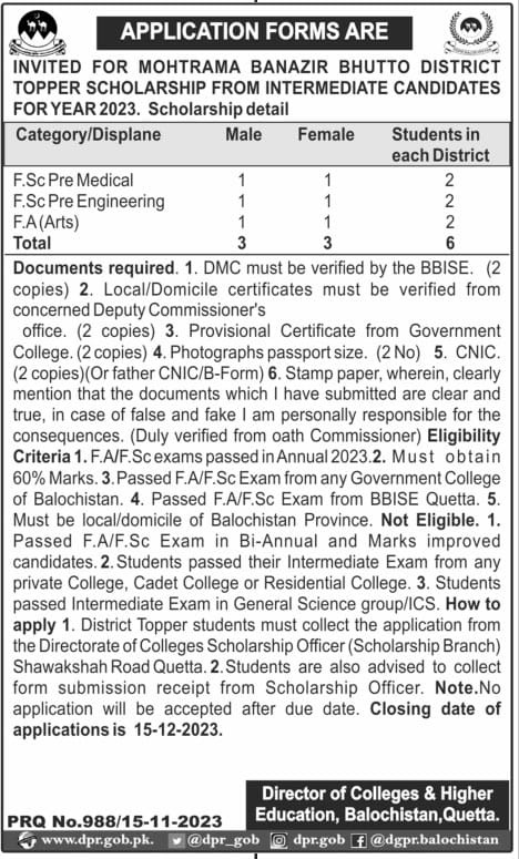 District Topper Scholarships for Intermediate Balochistan – Colleges Higher and Technical Education Department Balochsitan Scholarships 2023 — original advertisement