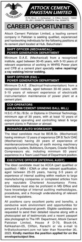 Attock Cement Pakistan Limited Karachi Jobs 2023 – Private Company Jobs 2023 — original advertisement