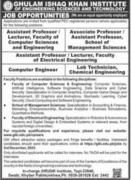 GIK Institute Of Engineering science and Technology Job 2023 – Ghulam Ishaq Khan GIK Institute of Engineering Sciences and Technology Swabi Jobs 2023 — original advertisement