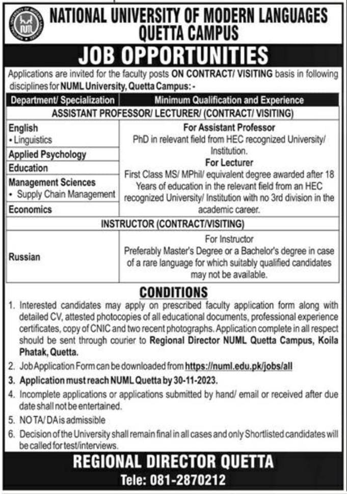 National University of Modern Languages Quetta Campus Jobs – National University of Modern Languages Islamabad Jobs 2023 — original advertisement