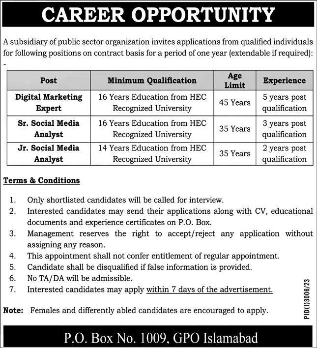 Public Sector Organization Islamabad Jobs 2023 Jobs 2023 — original advertisement