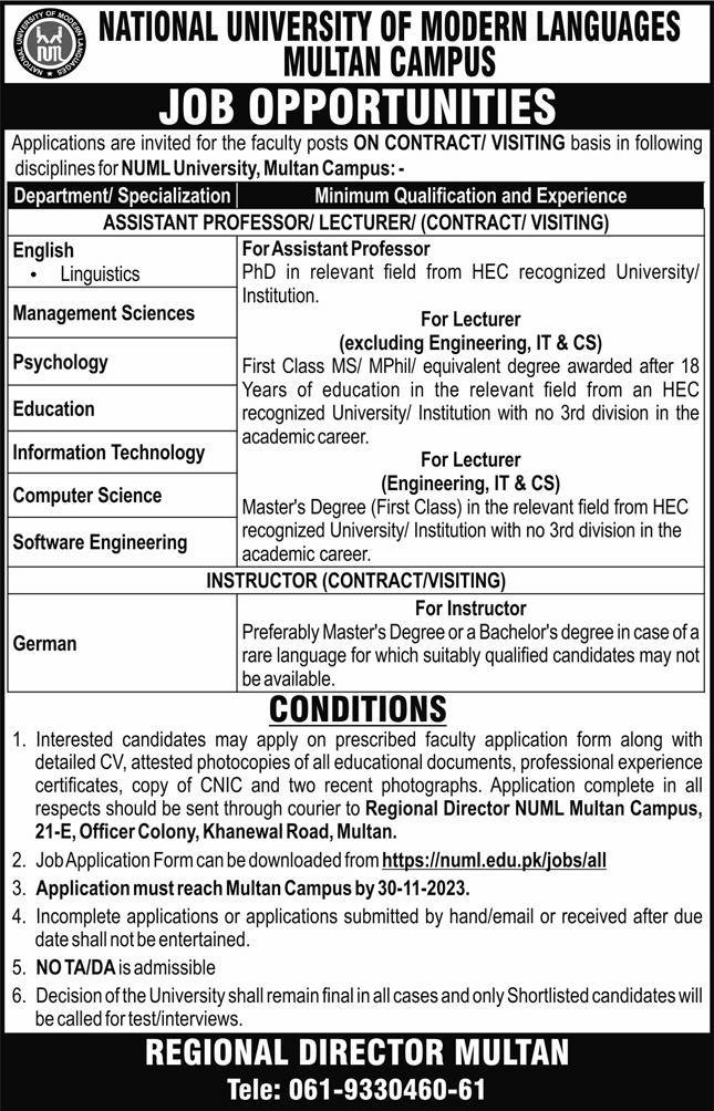National University Of Modern Languages Multan Campus Jobs – National University of Modern Languages Islamabad Jobs 2023 — original advertisement