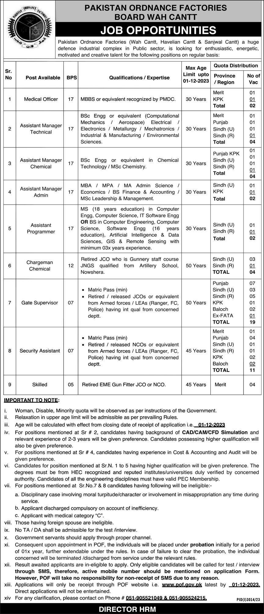 Pakistan Ordnance Factories POF Wah Cantt Islamabad Jobs – Pakistan Ordnance Factories Board Wah Cantt Jobs 2023 — original advertisement