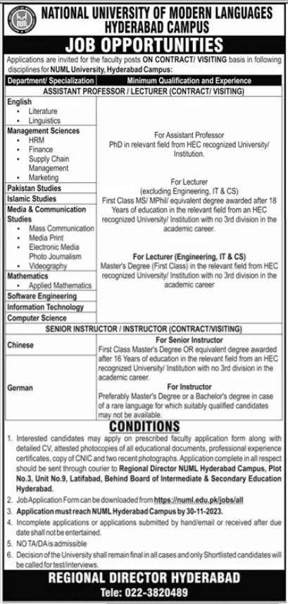National University of Modern Languages NUML Hyderabad Jobs – National University of Modern Languages Islamabad Jobs 2023 — original advertisement