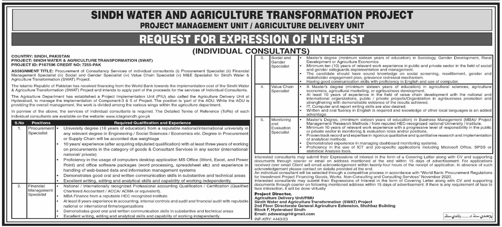 Project Management Unit PMU  Hyderabad Sindh Jobs 2023 – Govt of Sindh Jobs 2023 — original advertisement