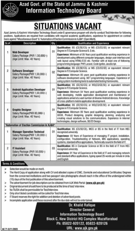 Information Technology Board Muzaffarabad Jobs 2023 – Govt of Azad Kashmir Jobs 2023 — original advertisement