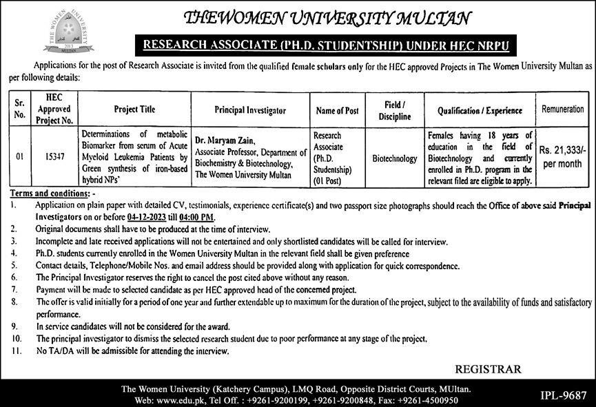 The Women University Multan Punjab Jobs 2023 Jobs 2023 — original advertisement