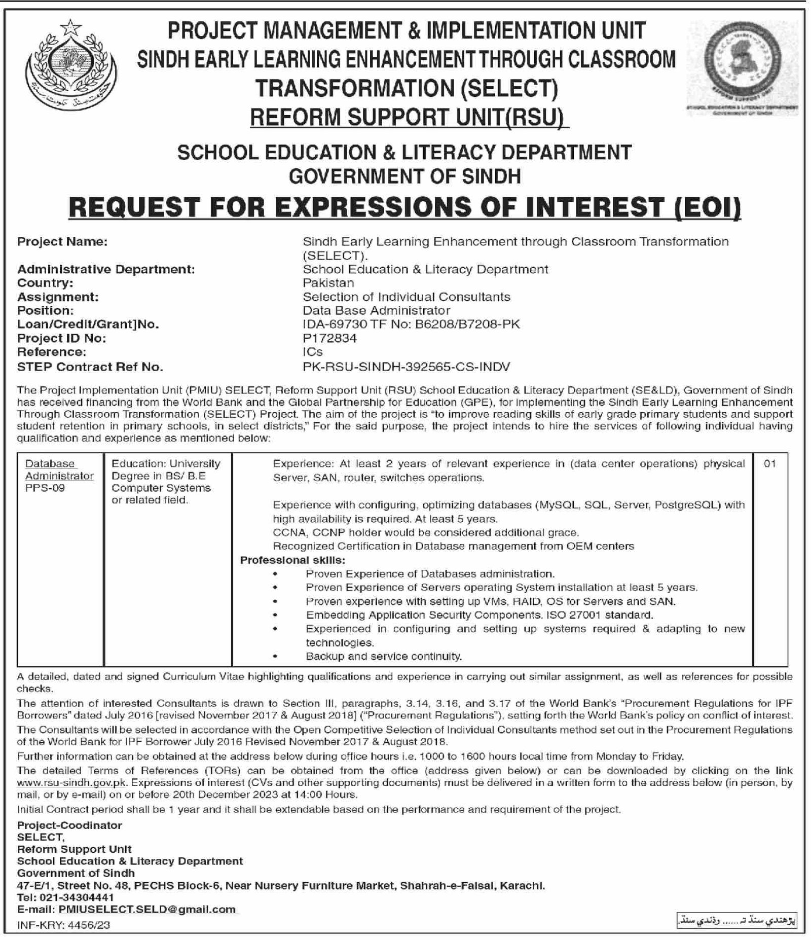 School Education And Literacy Department Karachi Jobs 2023 – School Education & Literacy Department Sindh Jobs 2023 — original advertisement