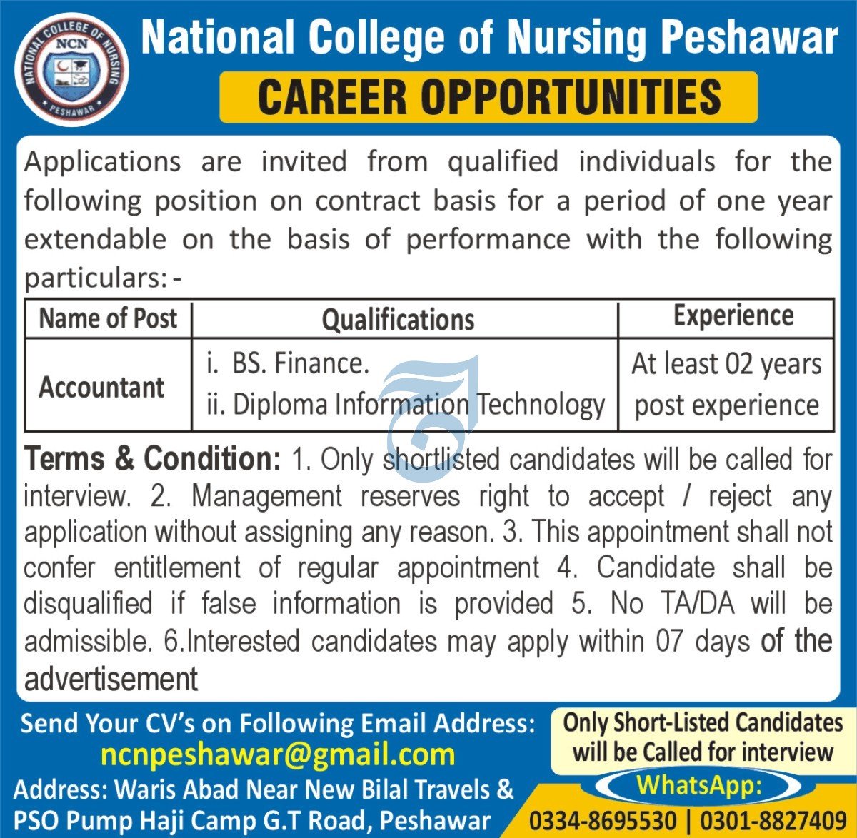 National College of Nursing NCN Peshawar Jobs 2023 – National College of Nursing (NCN) Jobs 2023 — original advertisement