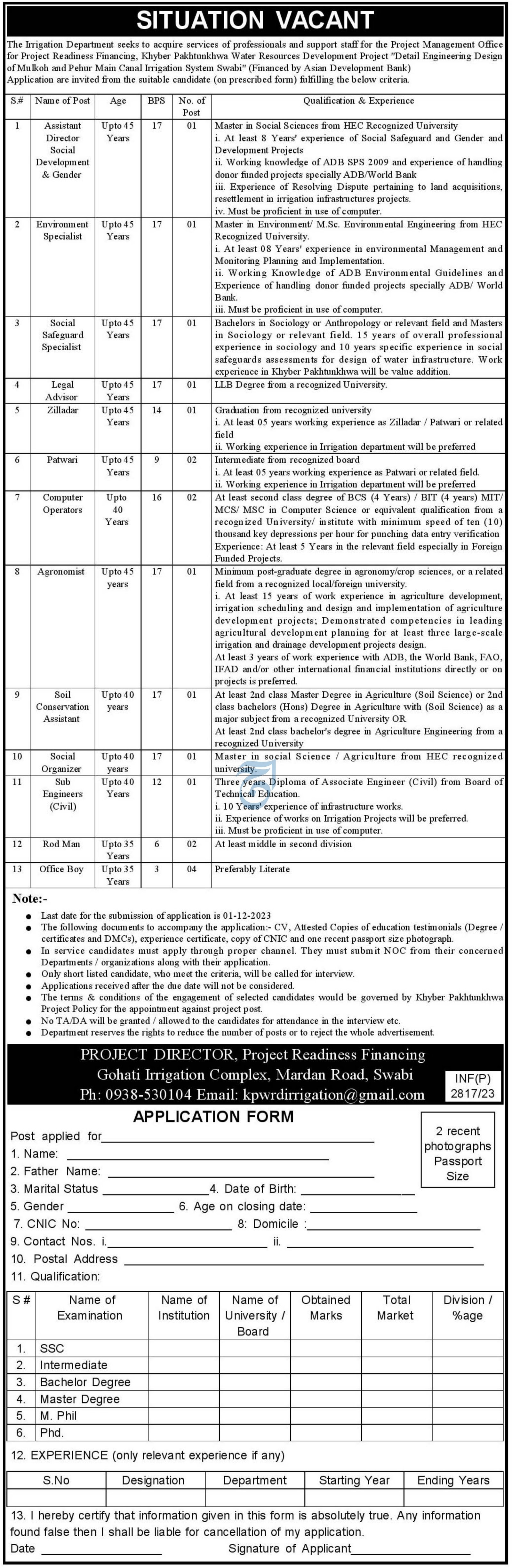 Irrigation Department Khyber Pakhtunkhwa Jobs 2023 – Irrigation Department KPK Jobs 2023 — original advertisement
