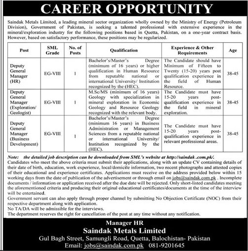 Saindak Metals Limited Quetta Jobs 2023 Jobs 2023 — original advertisement
