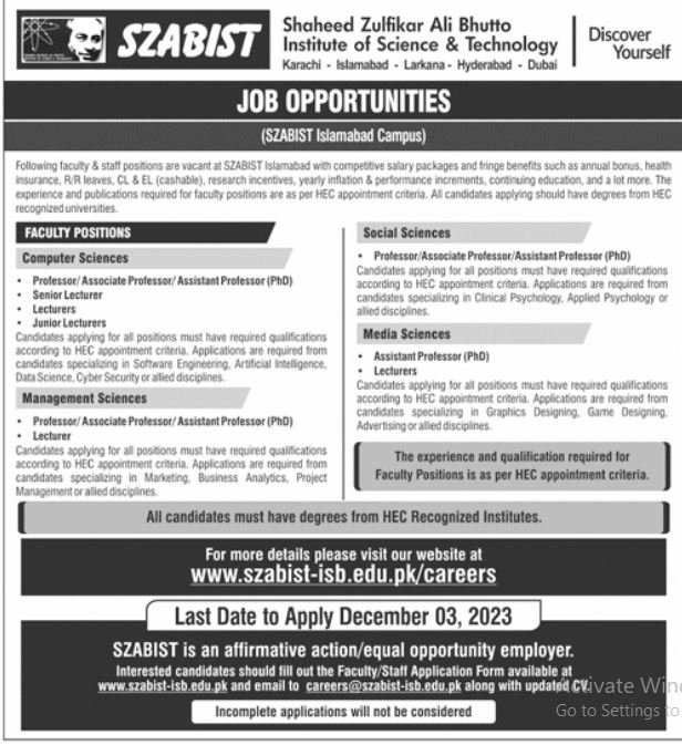 Shaheed Zulfiqar Ali Bhutto Institute of Technology Job 2023 Jobs 2023 — original advertisement