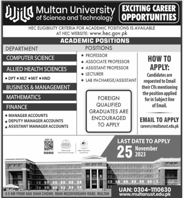 Multan University of Science & Technology Multan Jobs 2023 Jobs 2023 — original advertisement