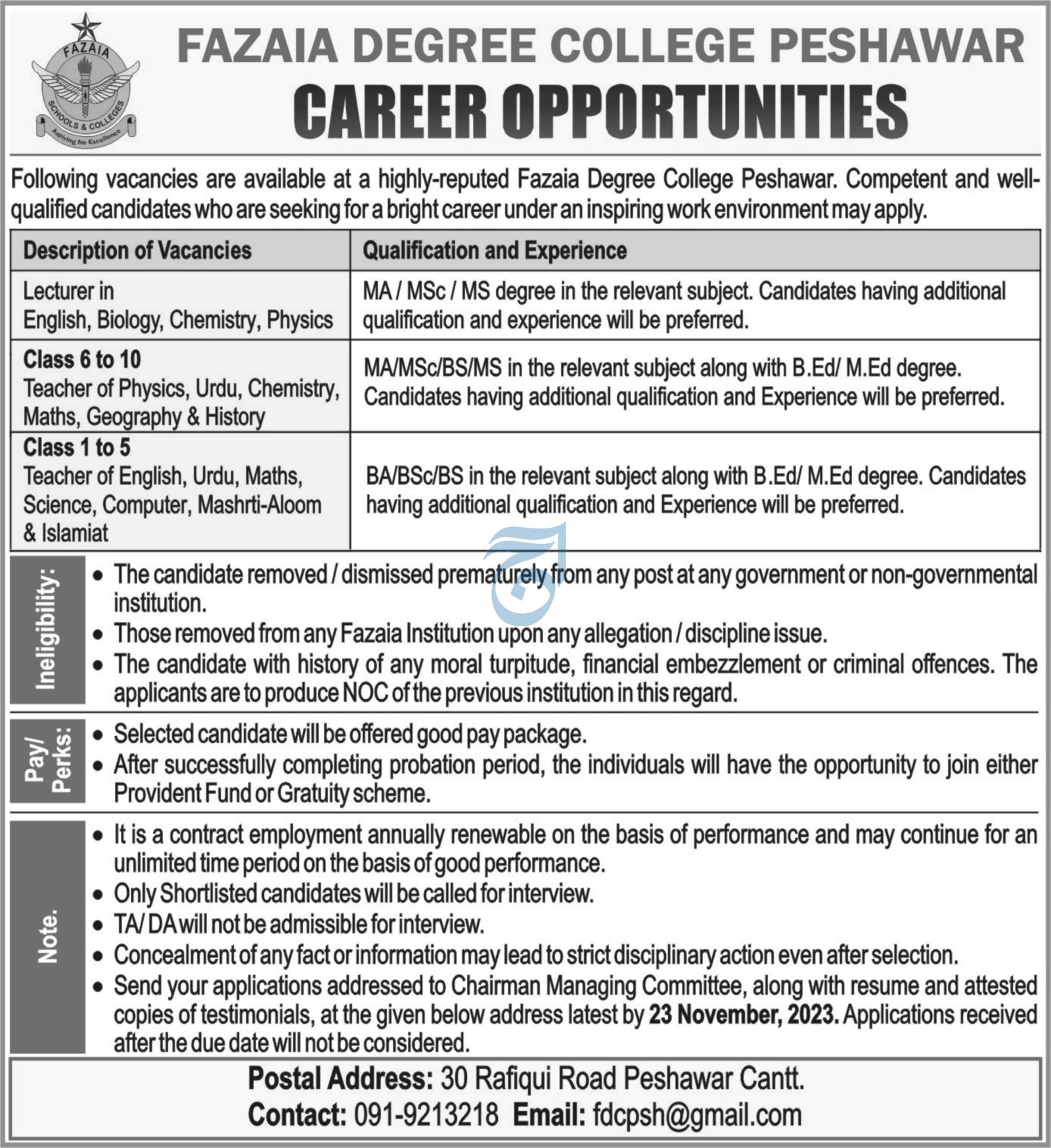 Fazaia Degree College Peshawar Jobs 2023 – Fazaia Schools & Colleges Jobs 2023 — original advertisement