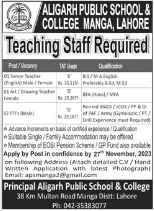 Alighar Public School And College Manga Lahore Jobs 2023 – Alighar Public School & College Jobs 2023 — original advertisement