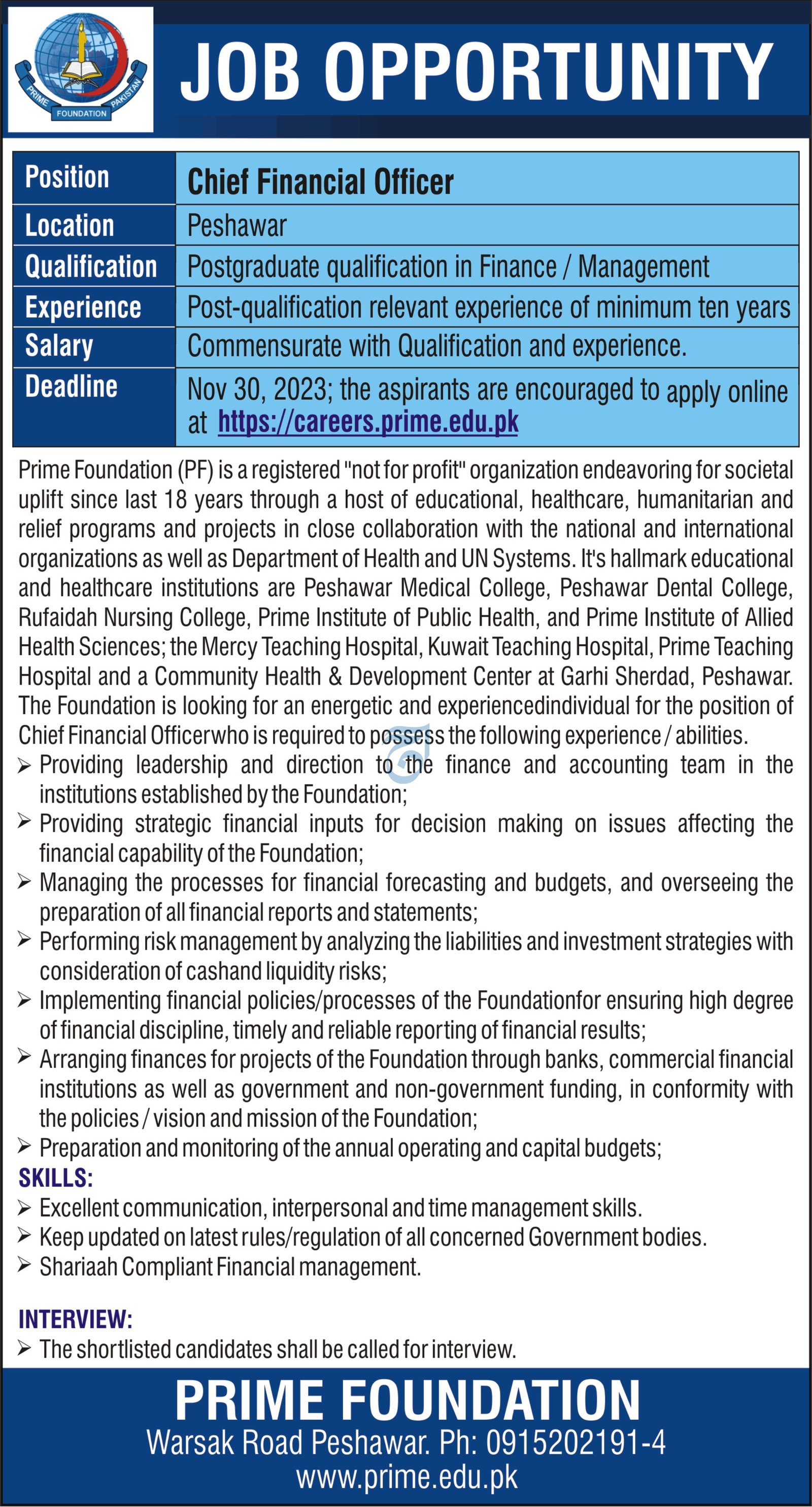 Prime Foundation Peshawar Khyber Pakhtunkhwa Jobs 2023 – Prime Teaching Hospital Peshawar Jobs 2023 — original advertisement