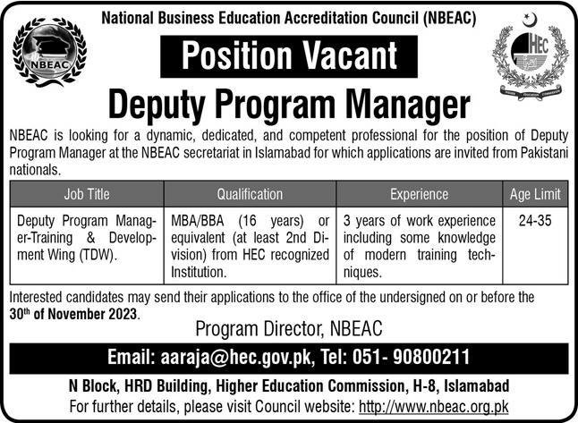National Business Education Council NBEAC Islamabad Job 2023 – Higher Education Commission Islamabad Jobs 2023 — original advertisement