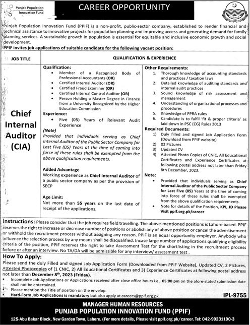 Punjab Population Invoation Fund PPIF Jobs 2023 – Govt of Punjab Jobs 2023 — original advertisement