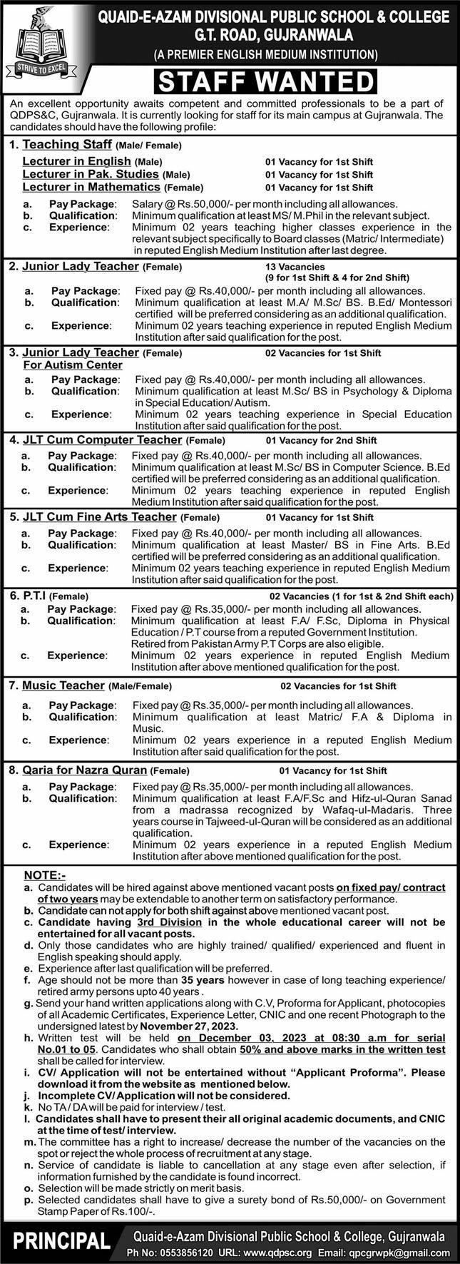 Quaid E Azam Divisional Public School & College Jobs 2023 Jobs 2023 — original advertisement