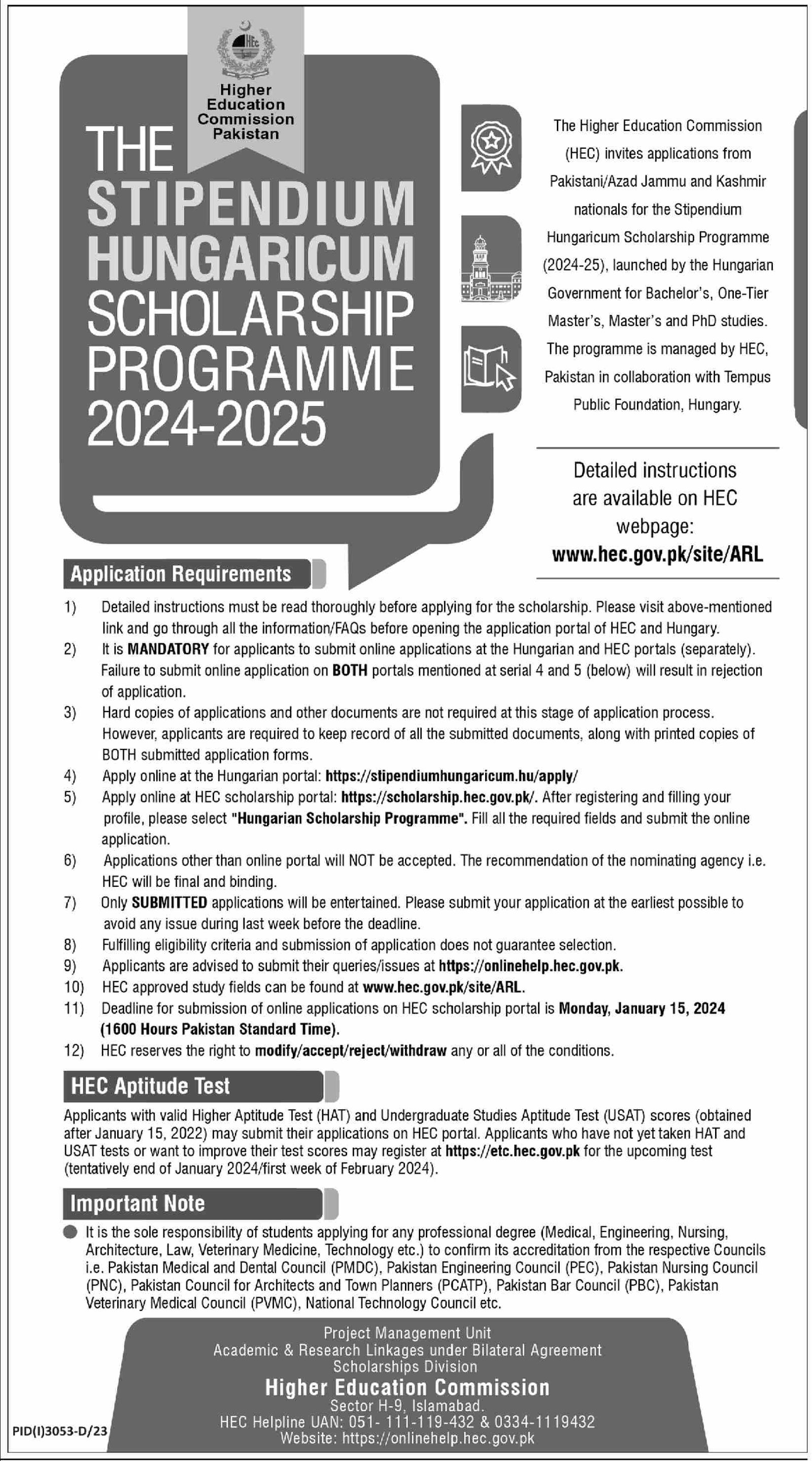 Stipendium hungaricum scholarship programme 2024-2025 – Higher Education Commission Islamabad Scholarships 2023 — original advertisement