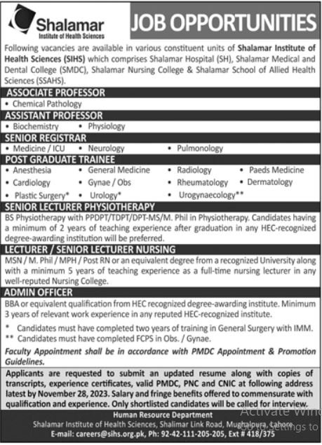 Shalamar Institute Of Health Sciences Jobs 2023 Jobs 2023 — original advertisement