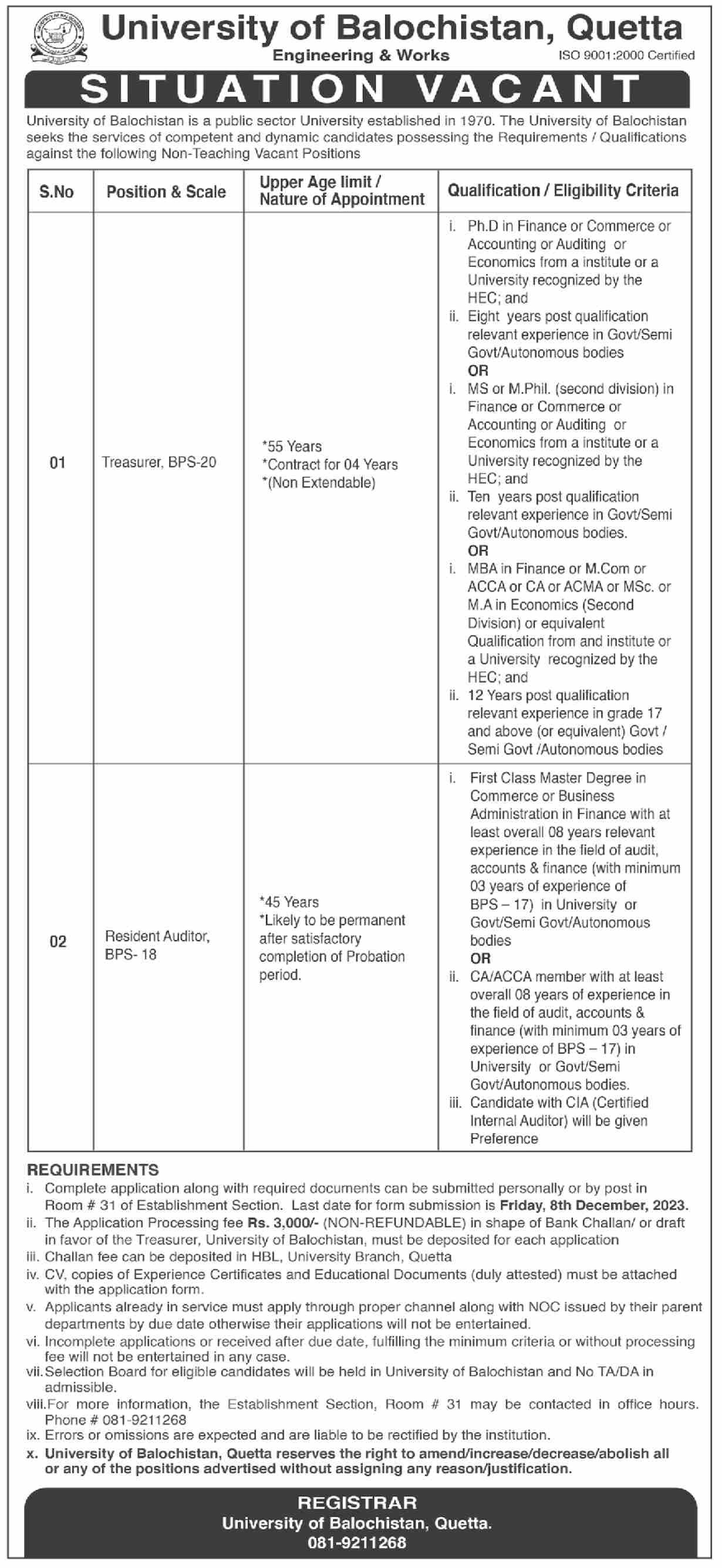 University of Balochistan Quetta Jobs 2023 Jobs 2023 — original advertisement