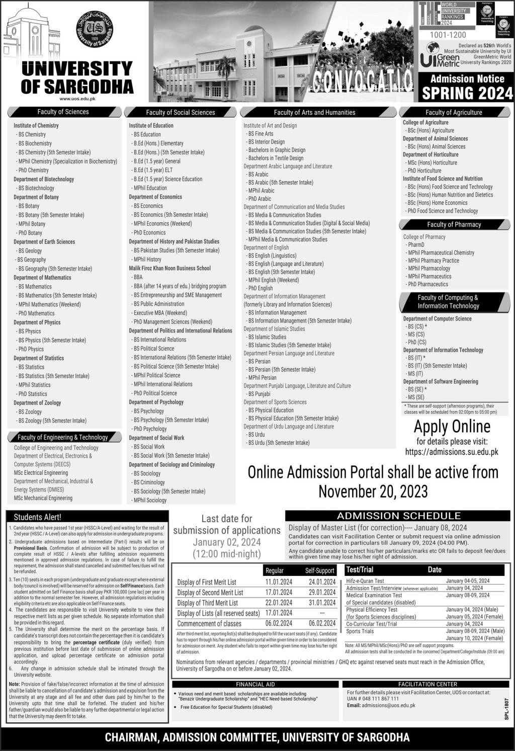 University of Sargodha Admissions 2024 Admissions 2023 — original advertisement