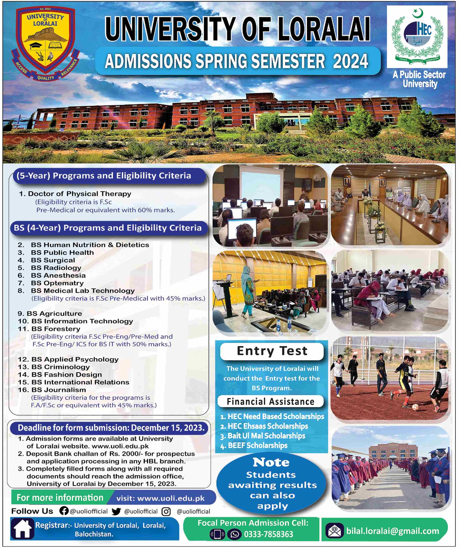 Admissions Open University of Loralai 2023 Admissions 2023 — original advertisement