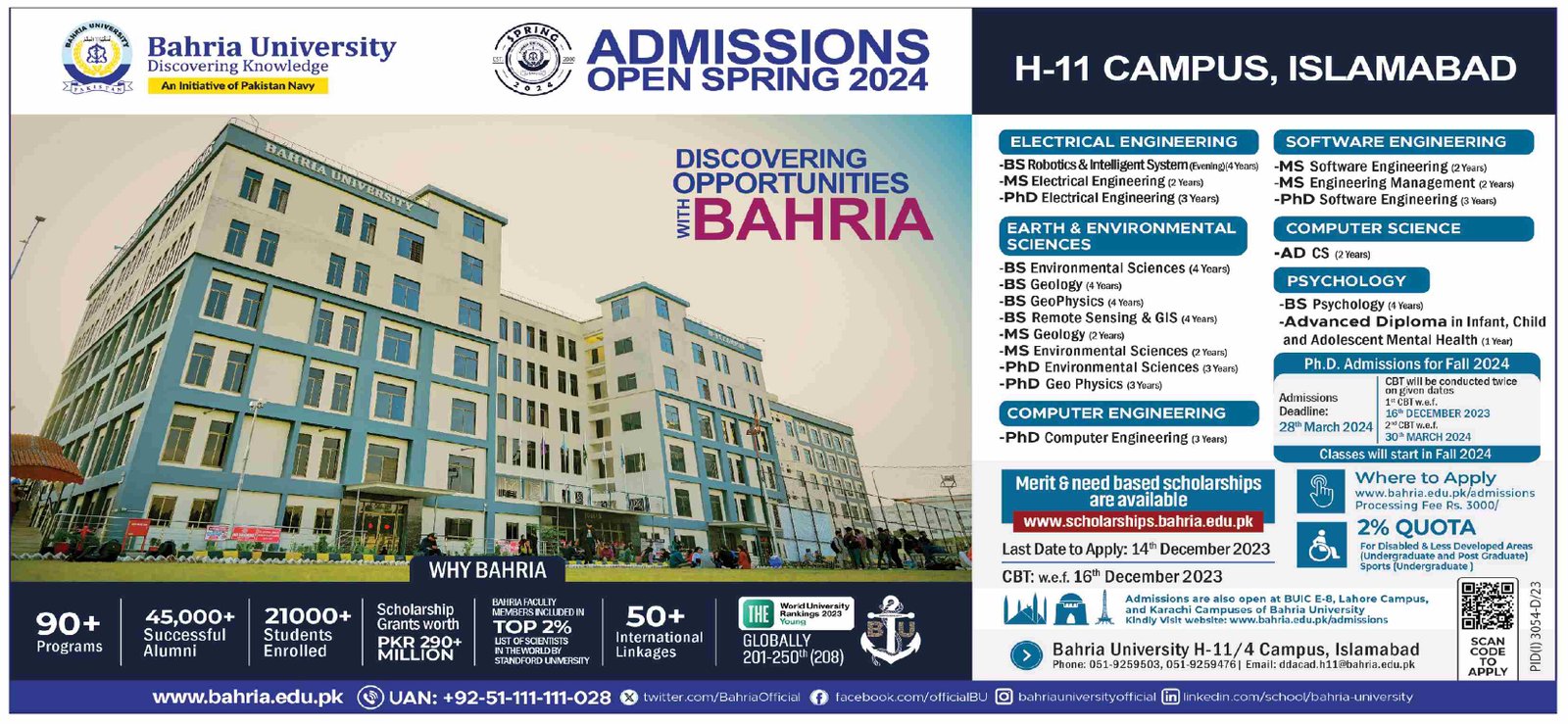 Admissions open Bahria University karachi 2023 Admissions 2023 — original advertisement