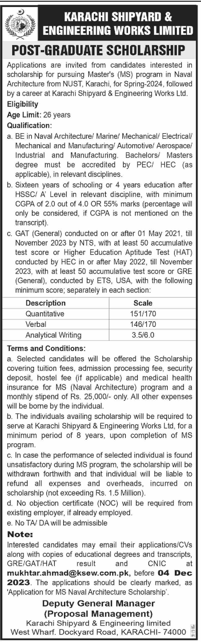 Scholarship MS in Nust Karachi – Karachi Shipyard & Engineering Works Limited Scholarships 2023 — original advertisement