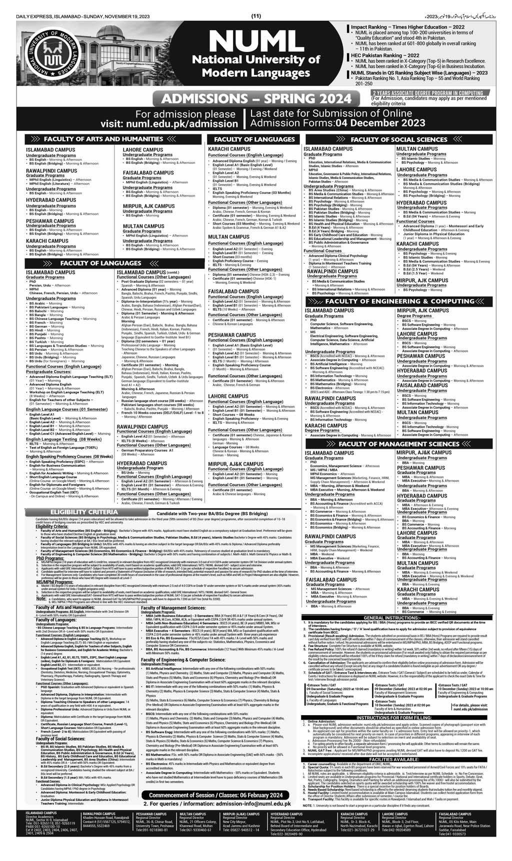 Admissions open in Numl National Universtiy of Modern 2024 – National University of Modern Languages Islamabad Admissions 2023 — original advertisement