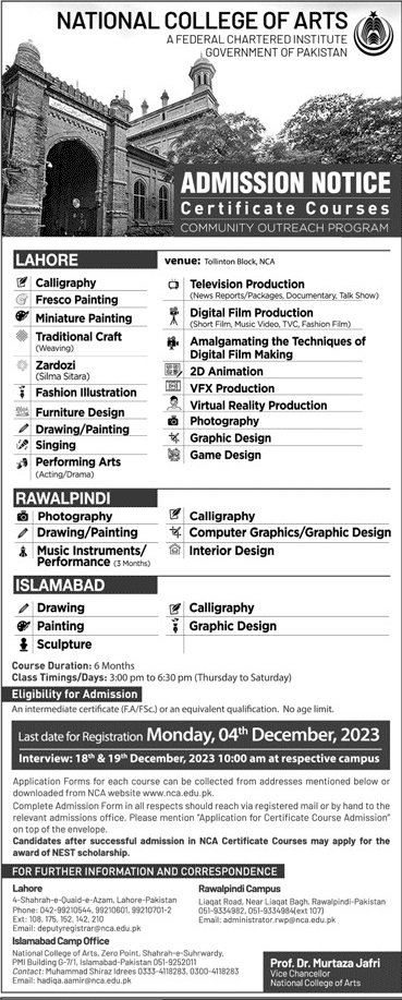 Admissiosn Open In National College of Art Lahore Admissions – National College of Arts, NCA Lahore Admissions 2023 — original advertisement