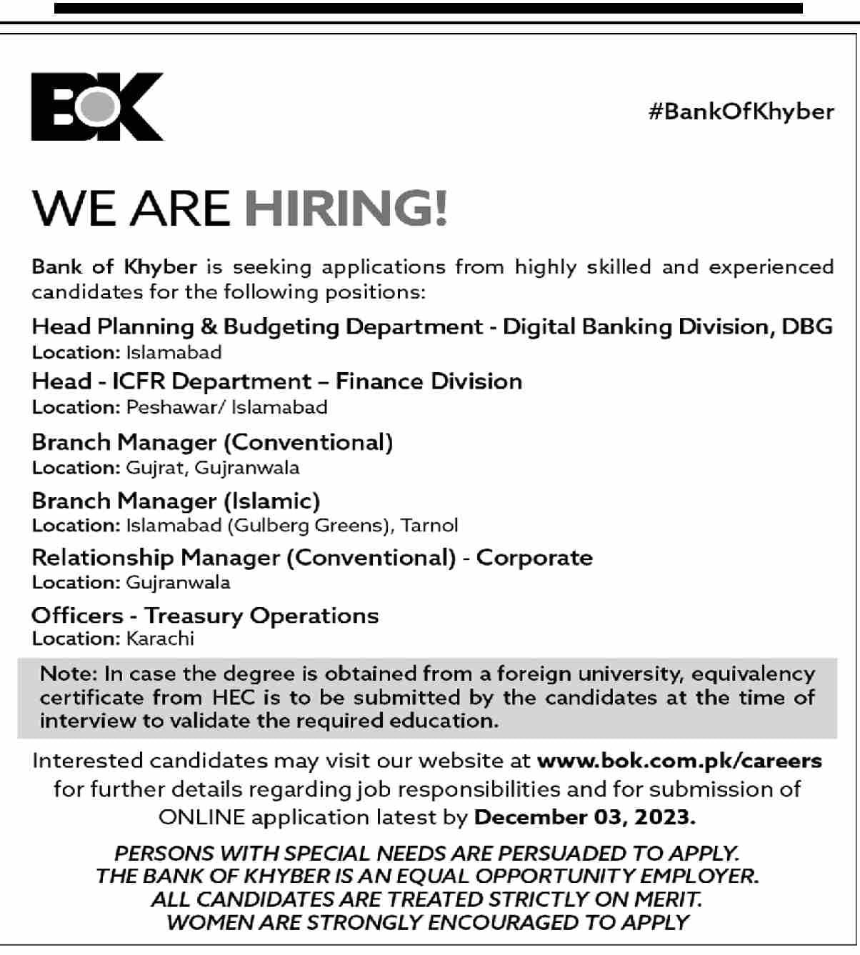 The Bank Of Khyber BOK Peshawar Jobs 2023 – State Bank of Pakistan Jobs 2023 — original advertisement