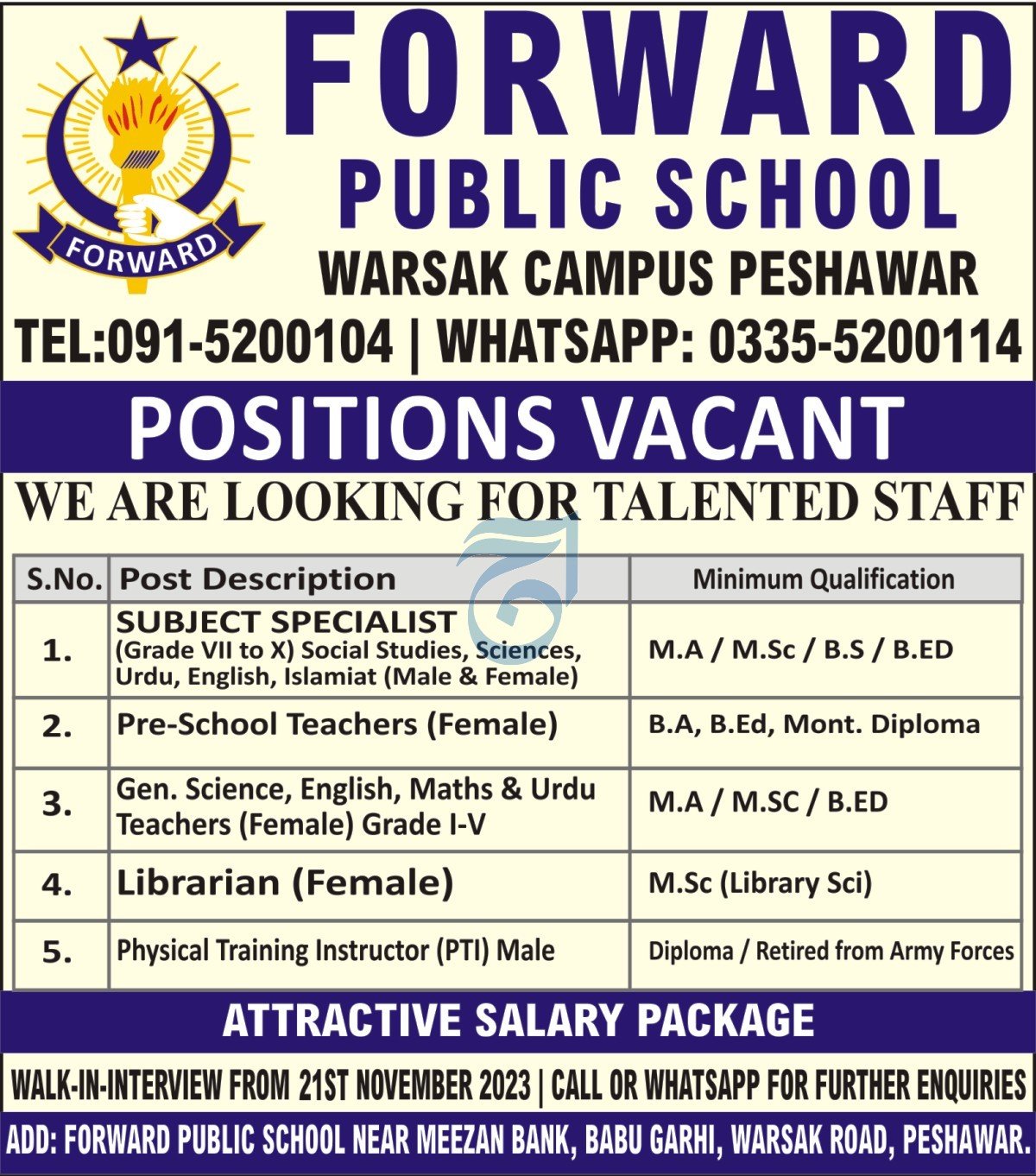 Forward Public School Warsak Campus Peshawar Jobs 2023 Jobs 2023 — original advertisement
