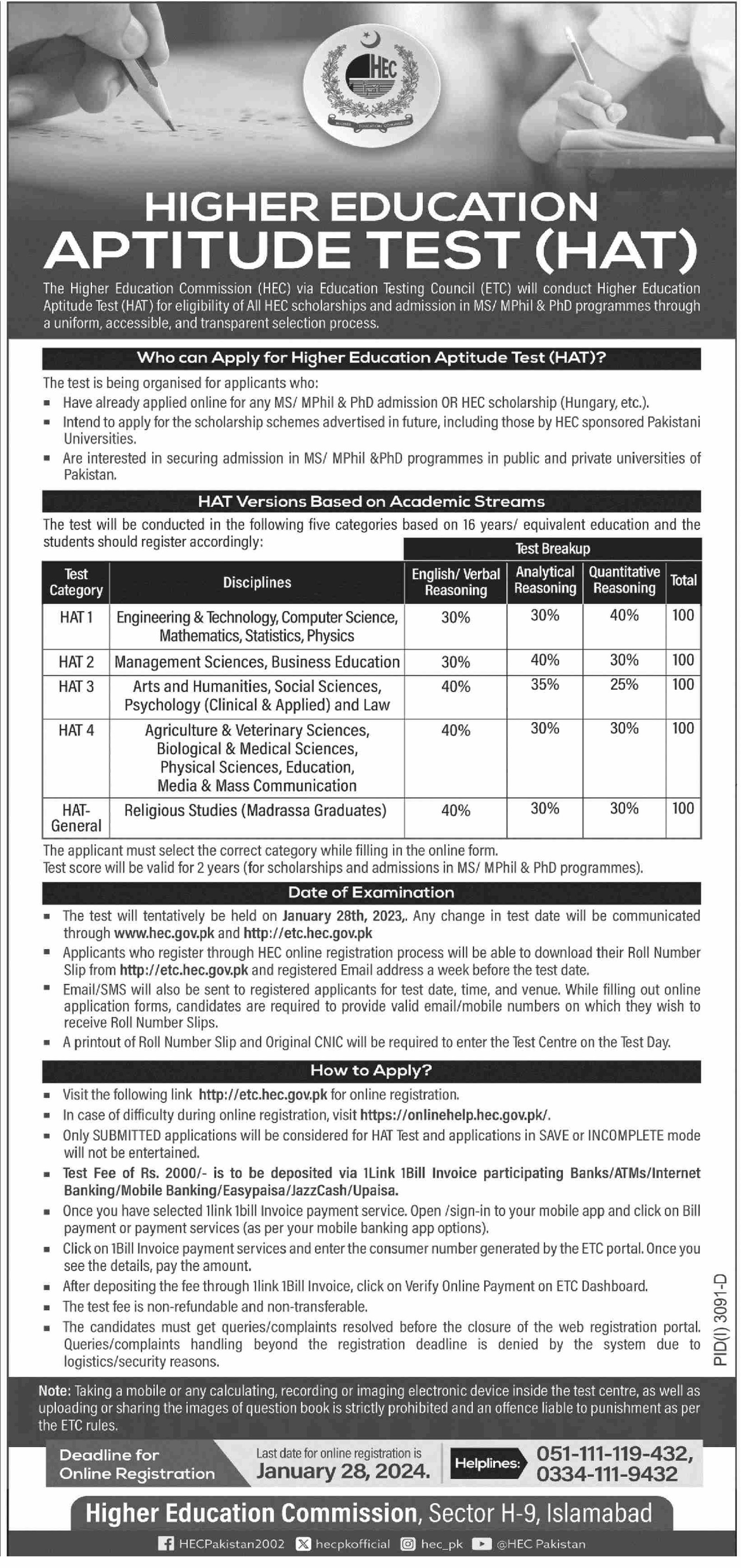 Admissions Open in Higher Education Aptitude Test HAT – Higher Education Commission Islamabad Admissions 2023 — original advertisement